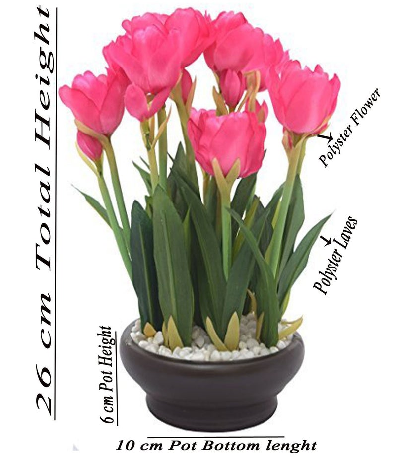 Fourwalls Artificial Tulip Flower Bonsai Plant in a Ceramic Vase for Home and Office Decor 26 cm Tall DarkPink - Image 3