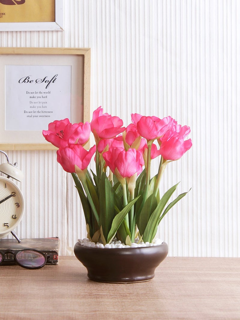 Fourwalls Artificial Tulip Flower Bonsai Plant in a Ceramic Vase for Home and Office Decor 26 cm Tall DarkPink - Image 4