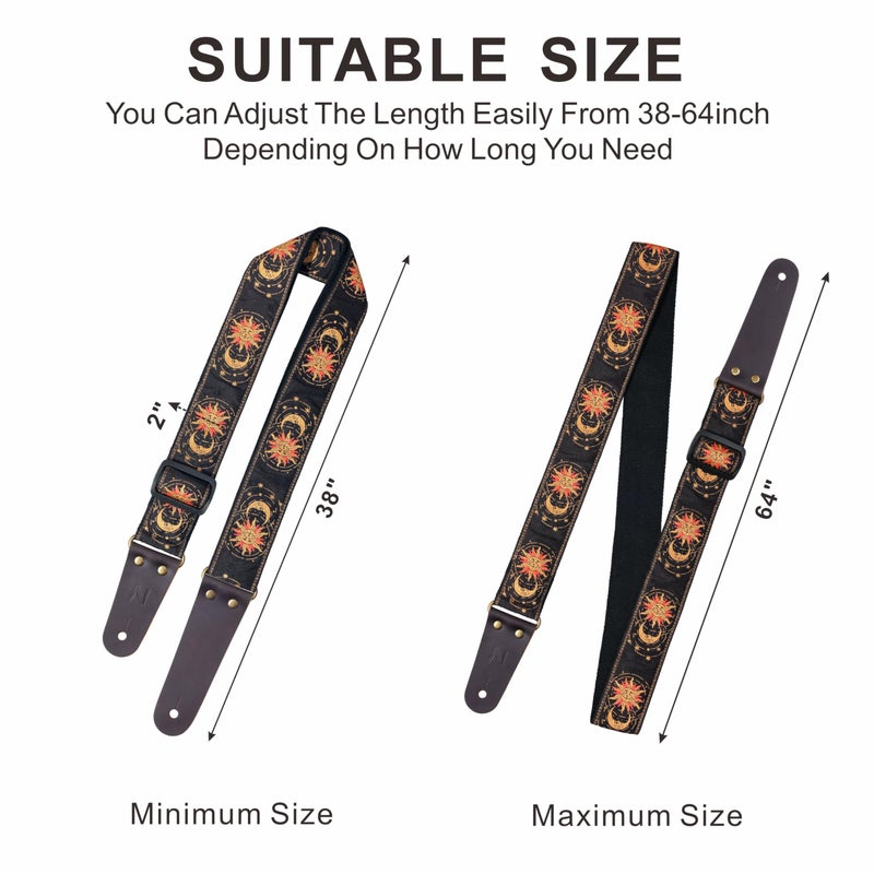 Nefelibata Guitar Strap, Sun & Moon Embroidery Guitar Straps with Head Cowhide Leather Ends for Bass, Electric & Acoustic Guitars, Free Strap Button, 1 Pair Strap Locks and 4 Guitar Picks - Image 5