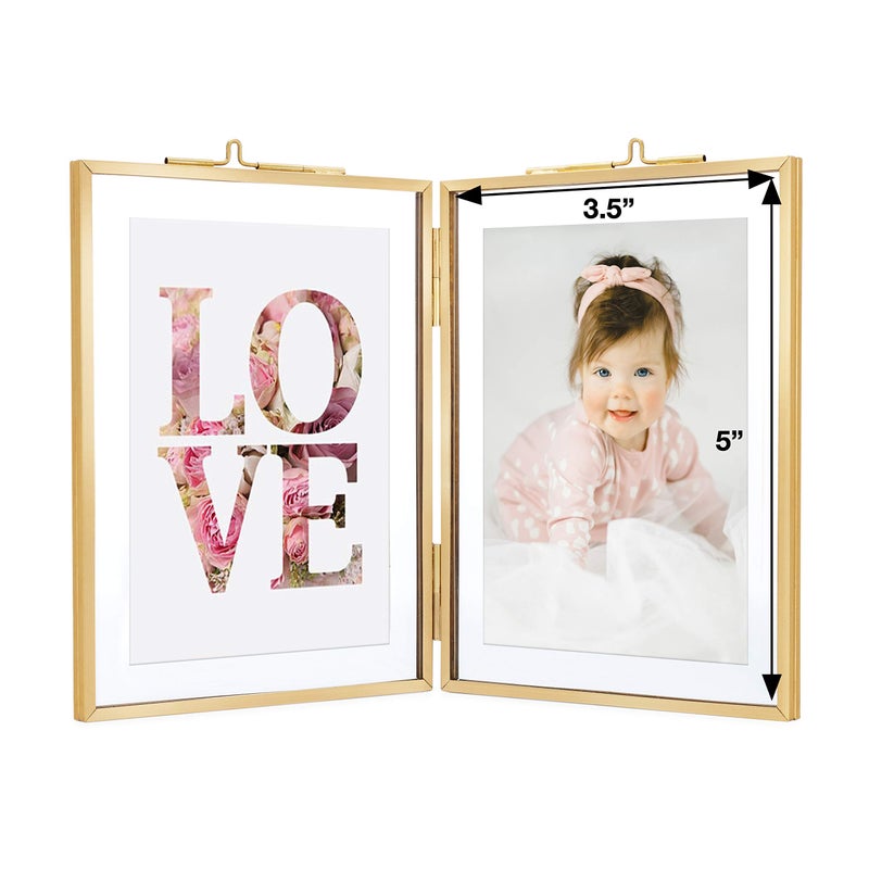 Rising Star Brass Frame  Double 3.5x5 Folding Picture Frames  Gold Metal Pressed Glass Photo Frame