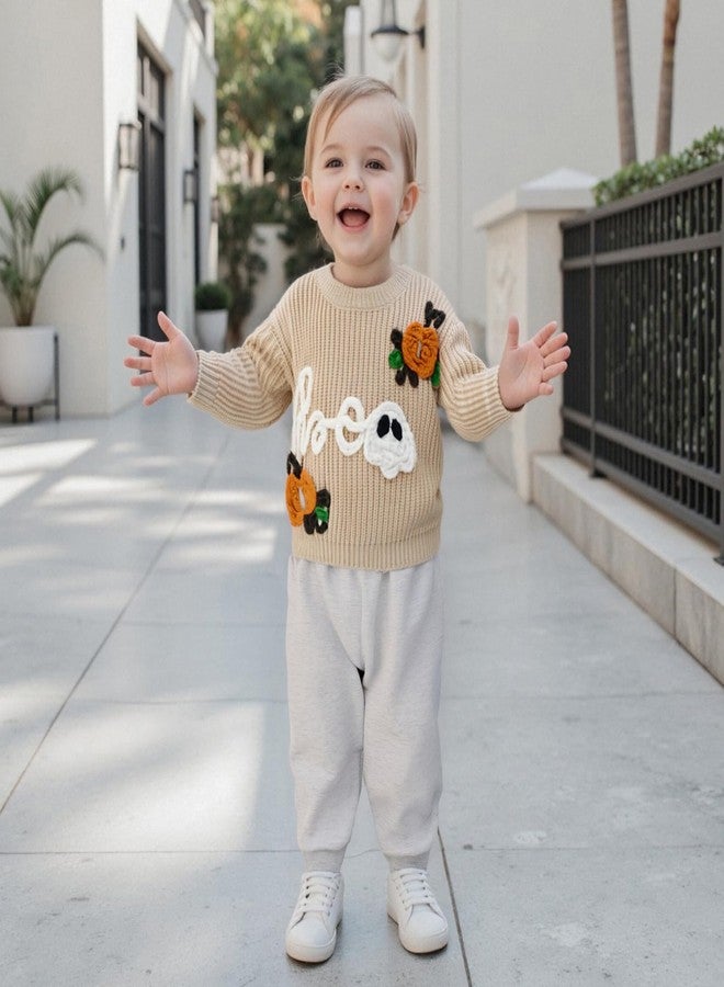 Socutebabe طقم ملابس هالوين للأطفال حديثي الولادة، بنين وبنات، سترة صوفية محبوكة بتصميم شبح، ملابس خريفية وشتوية لطيفة (لون بيج، من سنتين إلى ثلاث سنوات) - Image 4