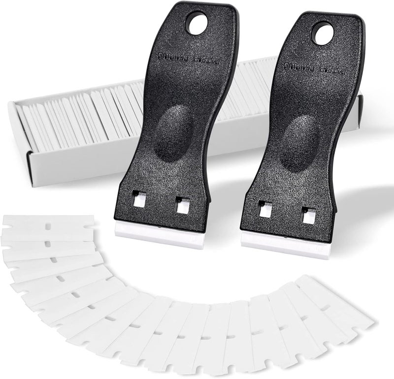 FOSHIO 2PCS Plastic Razor Blade Scraper Tool and 100PCS Plastic Blades for Gasket Remover, Sticker Remover, Labels Decal and Adhesive Remover for Windows and Glass (Dark Black) - Image 1