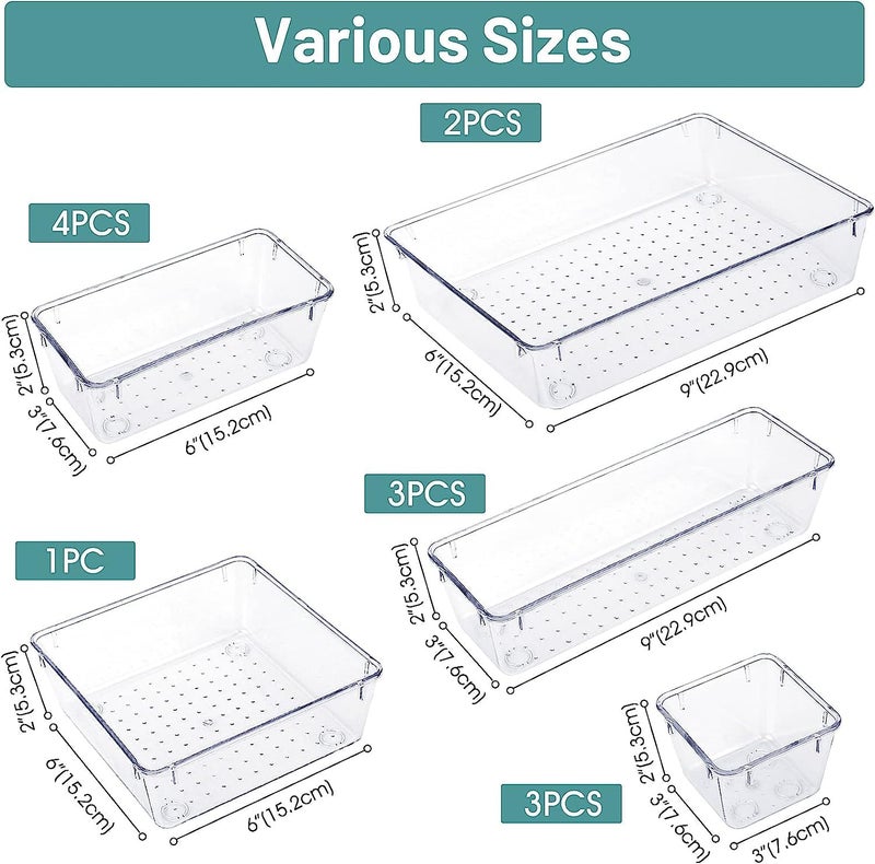 Foscadit 13 PCS Clear Plastic Drawer Organizer Set 5 Sizes Office Desk Drawer Divider Organizers and Storage Bins for Makeup Jewelry Gadgets for Kitchen Bedroom Bathroom Office - Image 2