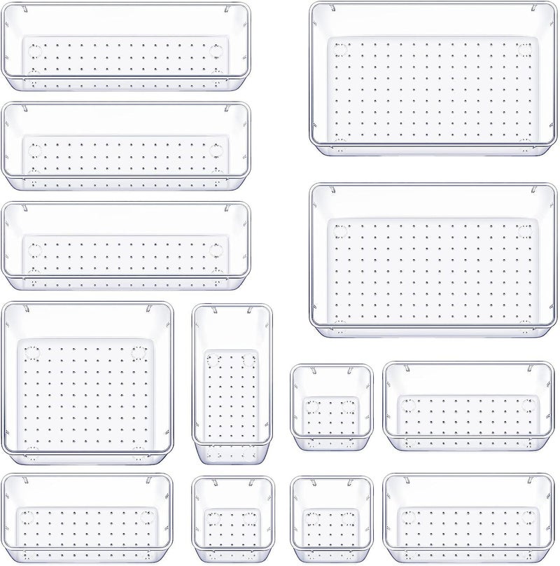 Foscadit 13 PCS Clear Plastic Drawer Organizer Set 5 Sizes Office Desk Drawer Divider Organizers and Storage Bins for Makeup Jewelry Gadgets for Kitchen Bedroom Bathroom Office - Image 1