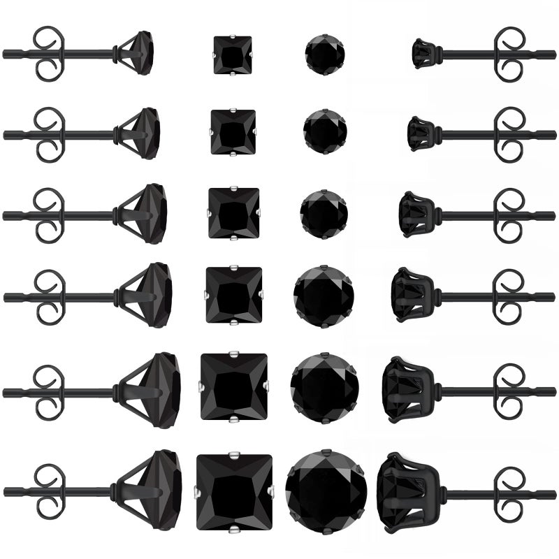 LUCKYPADS Black Earrings for Men: LUCKYPADS Cubic Zirconia Earrings Studs 12 Pairs Black Diamond Stud Earrings Small Stud Earrings for Women Hypoallergenic Earrings Multipack for Boys - Image 1