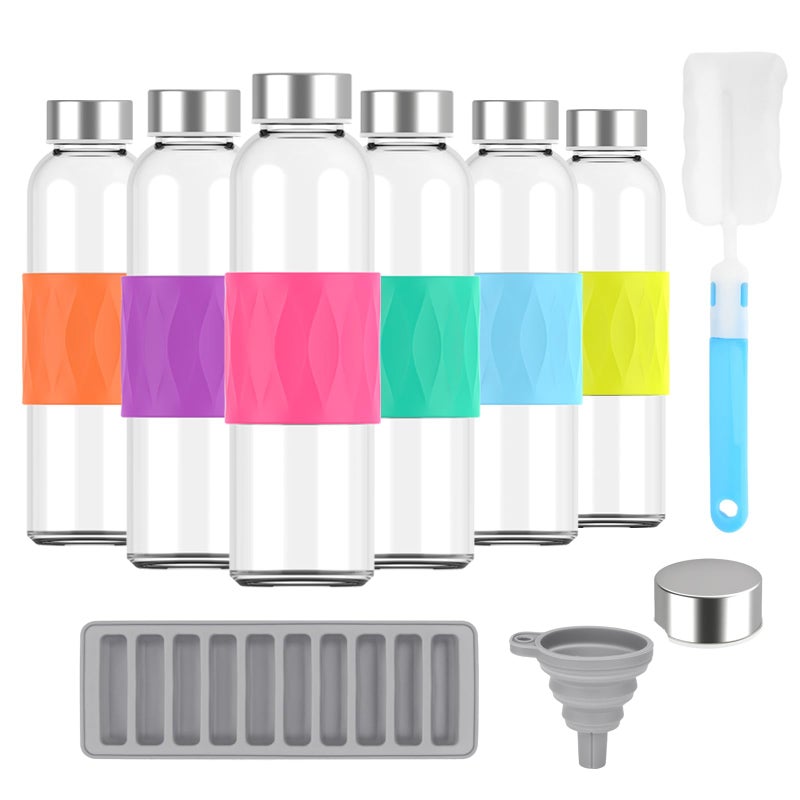 Zukro Clear Glass Water Bottles with Silicone Sleeve and Lids 18 oz  Reusable Glass Juice Bottles with Stainless Steel Airtight Cap for Juicing  Leak Proof Drinking Bottles  BPA Free  Set of 6 - Image 1