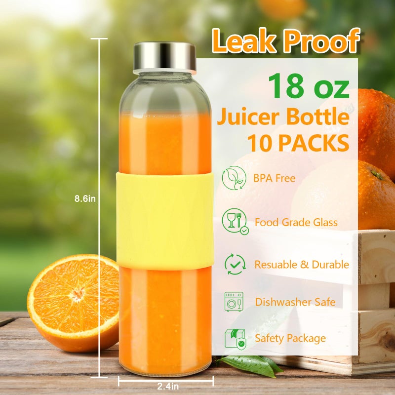 Zukro Clear Glass Water Bottles with Silicone Sleeve and Lids 18 oz  Reusable Glass Juice Bottles with Stainless Steel Airtight Cap for Juicing  Leak Proof Drinking Bottles  BPA Free  Set of 6 - Image 2
