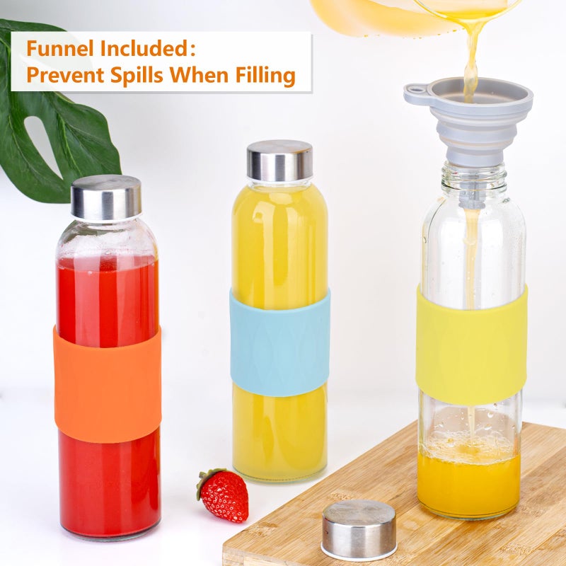 Zukro Clear Glass Water Bottles with Silicone Sleeve and Lids 18 oz  Reusable Glass Juice Bottles with Stainless Steel Airtight Cap for Juicing  Leak Proof Drinking Bottles  BPA Free  Set of 6 - Image 3