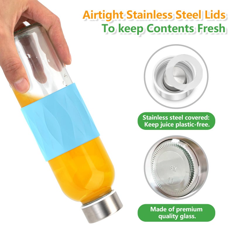 Zukro Clear Glass Water Bottles with Silicone Sleeve and Lids 18 oz  Reusable Glass Juice Bottles with Stainless Steel Airtight Cap for Juicing  Leak Proof Drinking Bottles  BPA Free  Set of 6 - Image 5
