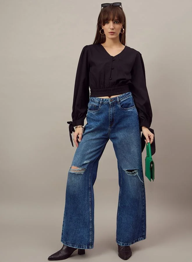 Kuwarii Black Long Sleeve Crop Top