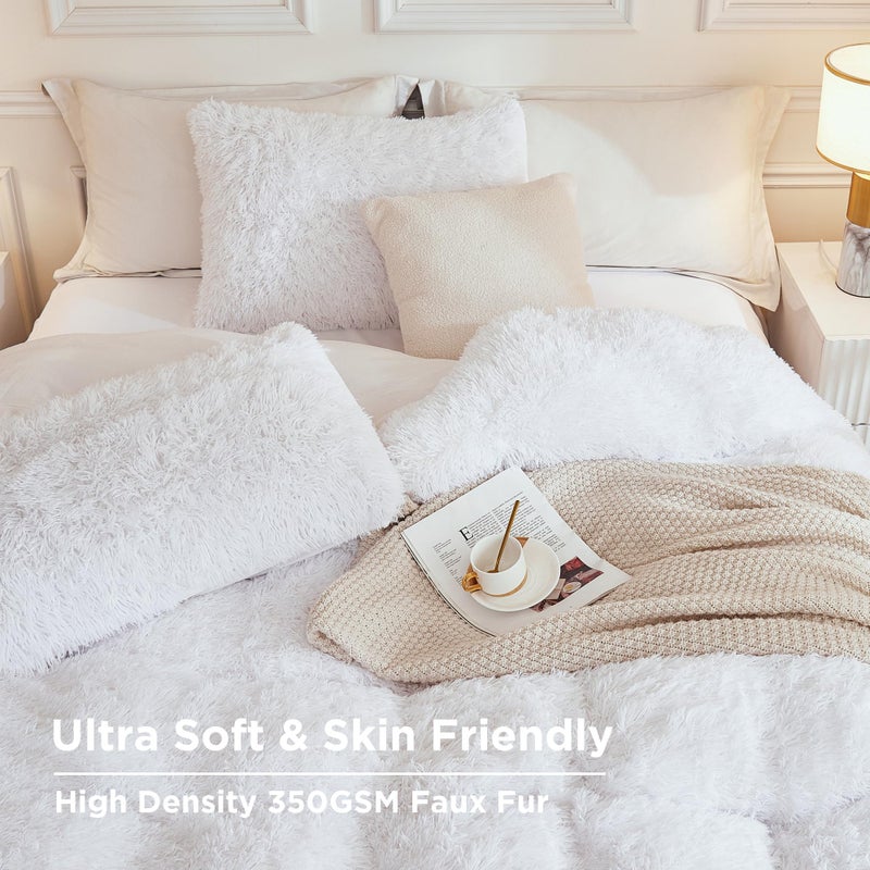 Andency Faux Fur White Comforter Queen Size, 3 Pieces Fluffy Fuzzy Plush Bedding Comforter Set (1 Shaggy Velvet Comforter & 2 Pillowcases), Soft Puffy Comfy Down Alternative Bedding Set - Image 4