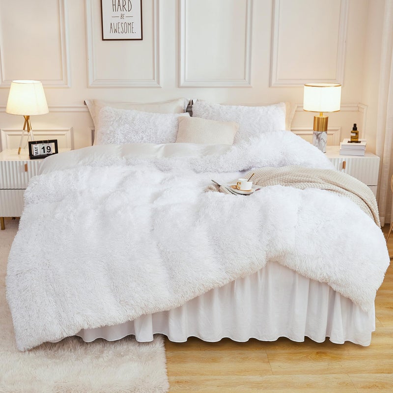 Andency Faux Fur White Comforter Queen Size, 3 Pieces Fluffy Fuzzy Plush Bedding Comforter Set (1 Shaggy Velvet Comforter & 2 Pillowcases), Soft Puffy Comfy Down Alternative Bedding Set - Image 5