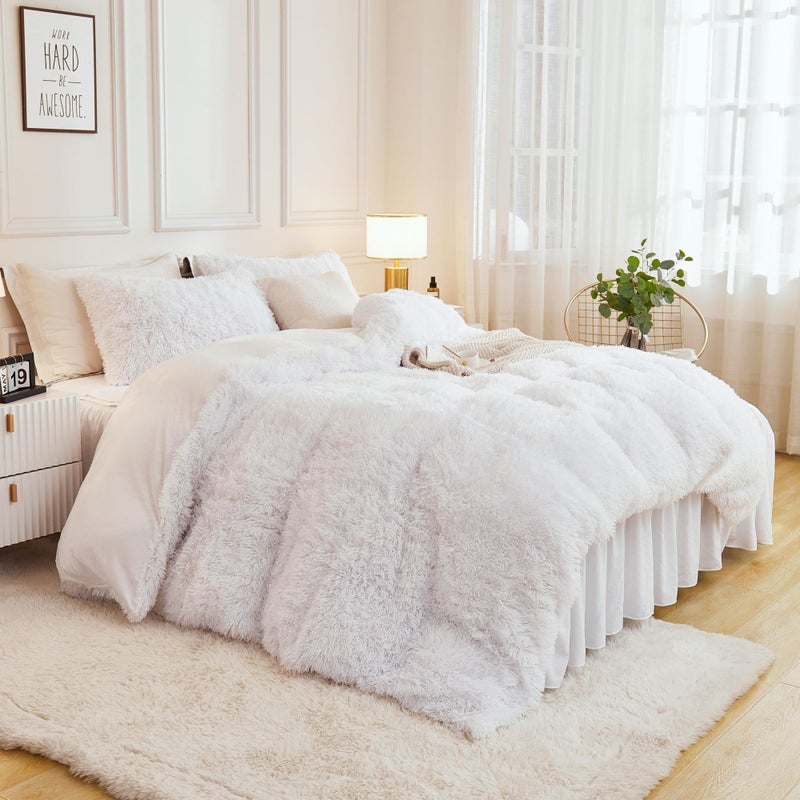 Andency Faux Fur White Comforter Queen Size, 3 Pieces Fluffy Fuzzy Plush Bedding Comforter Set (1 Shaggy Velvet Comforter & 2 Pillowcases), Soft Puffy Comfy Down Alternative Bedding Set - Image 2