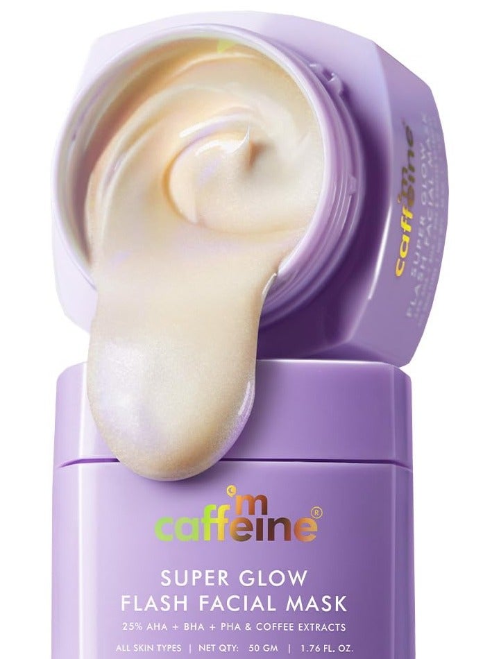 إم كافيين قناع الوجه سوبر جلو فلاش للوجه 25% حمض ألفا هيدروكسي + حمض البوتاسيوم الحمضي + حمض البوتاسيوم الحمضي + حمض البوتاسيوم الحمضي للوجه | قناع الوجه المتوهج لمدة 5 دقائق | تفتيح فوري | تفتيح فوري | يفتح المسام ويزيل الرؤوس السوداء والبشرة الميتة | إزالة السمرة | قناع تغيير اللون - 50 جم - Image 1