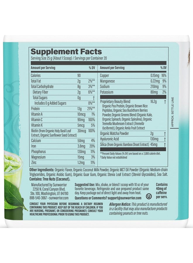 Sunwarrior Vegan Collagen Protein Powder for Women Silica Plant Based Collagen Powder with Vegan Hair Skin and Nails Vitamins Non-GMO No Added Sugar Soy Dairy & Gluten Free (Coconut Matcha, 20 Servings) - Image 2
