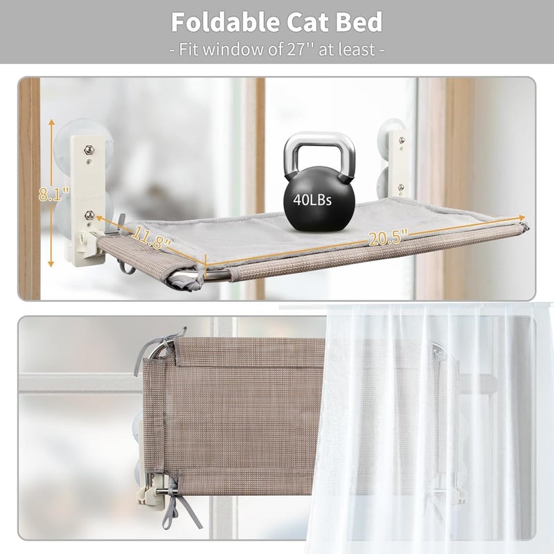 PEFUNY Cordless Folding Cat Window Perch, Cat Hammock for Window and Wall, with 4 Suction Cups, Sturdy Setal Frame for Glass Windows and Interior Walls (Beige With Bed Large) - Image 4