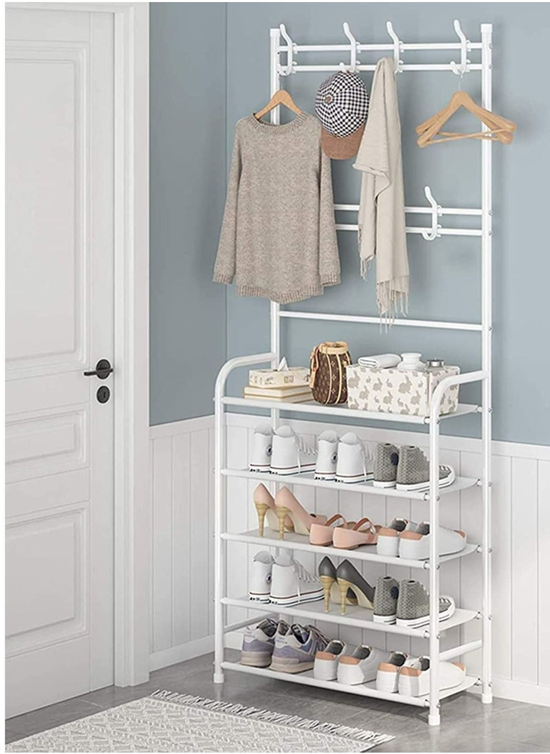 ALMUFARREJ - Shoe Rack Stand Entryway Hall Tree 5-Tier Shoe Storage Organizer Shelf With 8 Hanger Hooks For Clothes Hat Scarf Umbrella Bag Hanging 23.6 X 10.2 X 66.9 Inches - Image 1