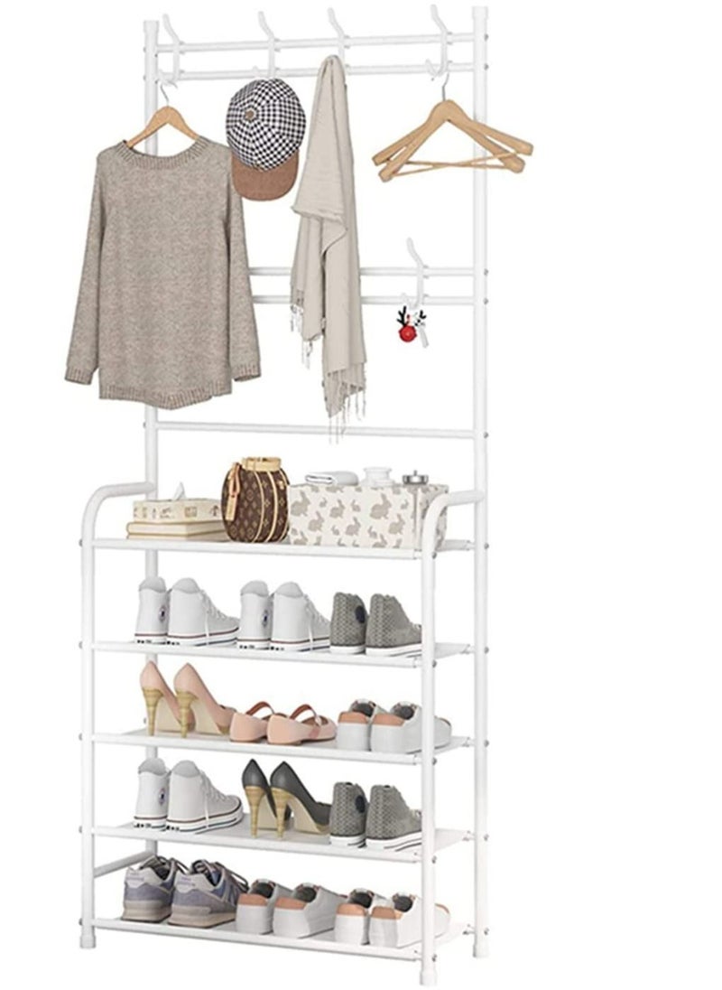 ALMUFARREJ - Shoe Rack Stand Entryway Hall Tree 5-Tier Shoe Storage Organizer Shelf With 8 Hanger Hooks For Clothes Hat Scarf Umbrella Bag Hanging 23.6 X 10.2 X 66.9 Inches - Image 1