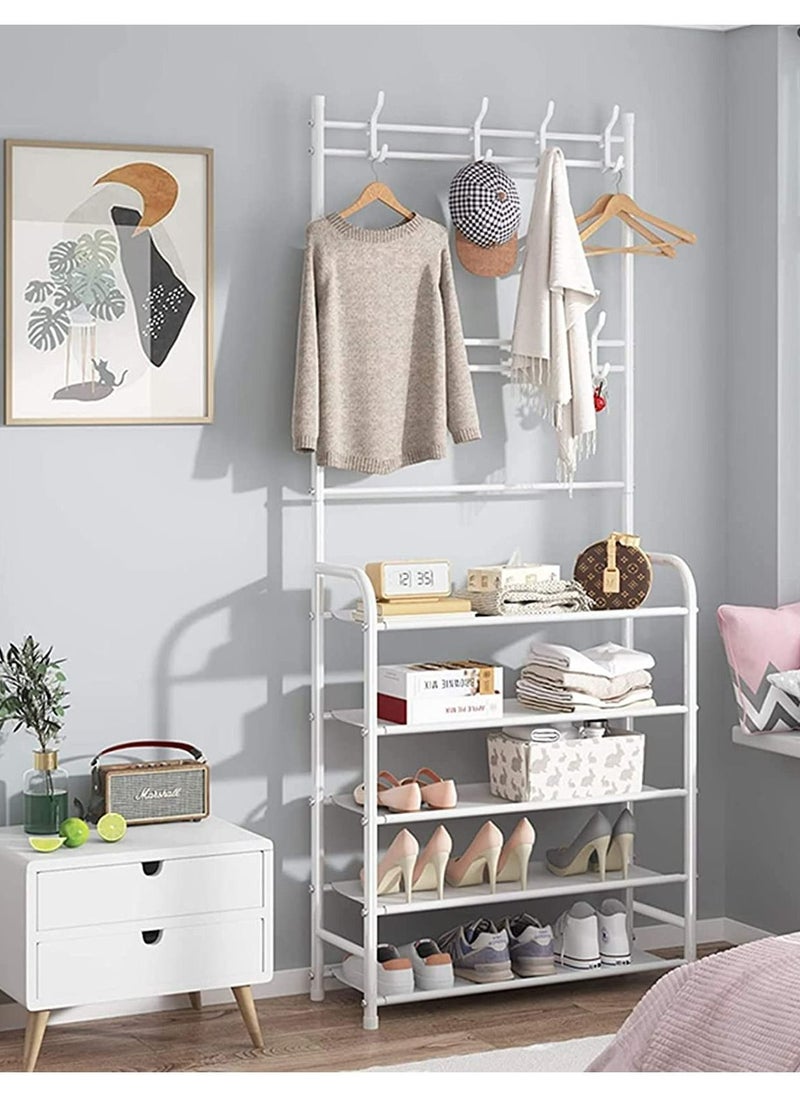 ALMUFARREJ - Shoe Rack Stand Entryway Hall Tree 5-Tier Shoe Storage Organizer Shelf With 8 Hanger Hooks For Clothes Hat Scarf Umbrella Bag Hanging 23.6 X 10.2 X 66.9 Inches - Image 1