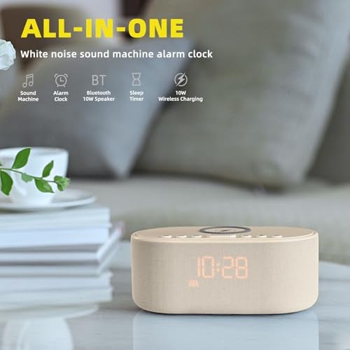Odokee Sound Machine Alarm Clock for Bedrooms: Bluetooth 10W Stereo Sound Speaker with Wireless Charging - White Noise Machine for Sleeping with 21 Soothing Sounds - Putty - Image 2