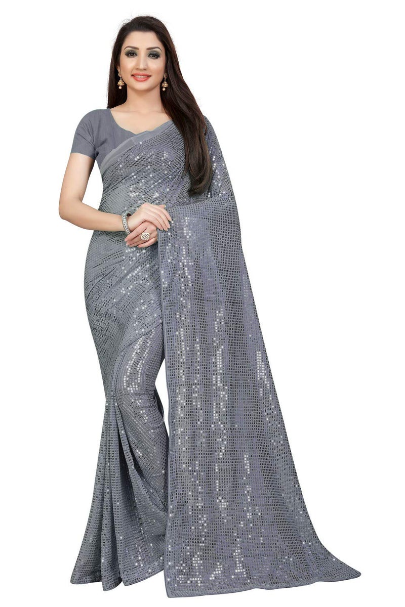 Florely Women's Pure Georgette sequence saree with unstiched blouse piece(Free size) (Grey) - Image 5