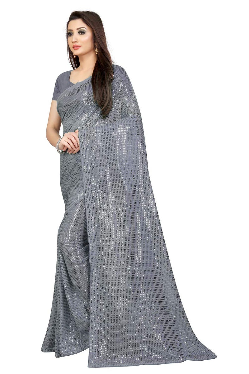Florely Women's Pure Georgette sequence saree with unstiched blouse piece(Free size) (Grey) - Image 3