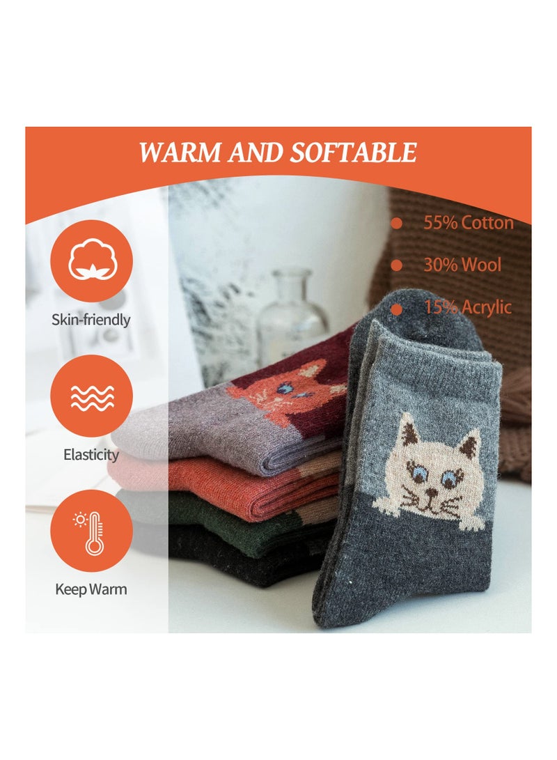 5 Pairs Wool Socks for Women Cat Winter Warm Half Tube Funny Mid Length Big Faced Thickened Rabbit Size 35 to 40 - Image 3