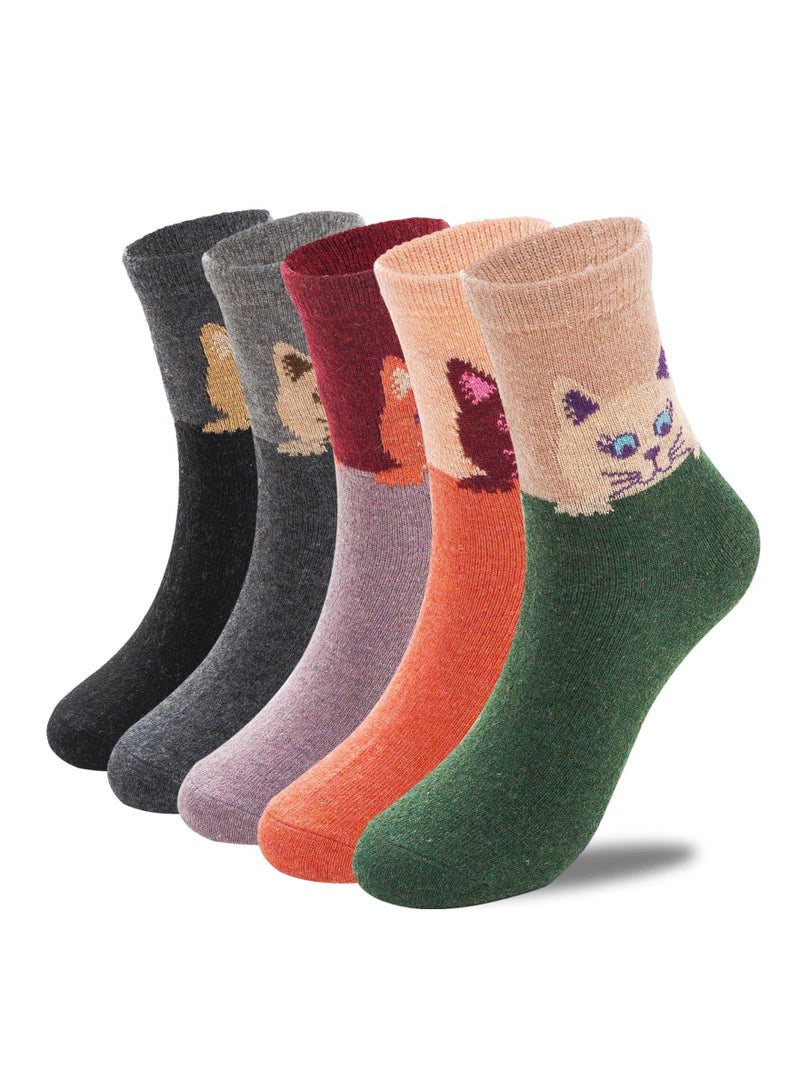 5 Pairs Wool Socks for Women Cat Winter Warm Half Tube Funny Mid Length Big Faced Thickened Rabbit Size 35 to 40 - Image 1