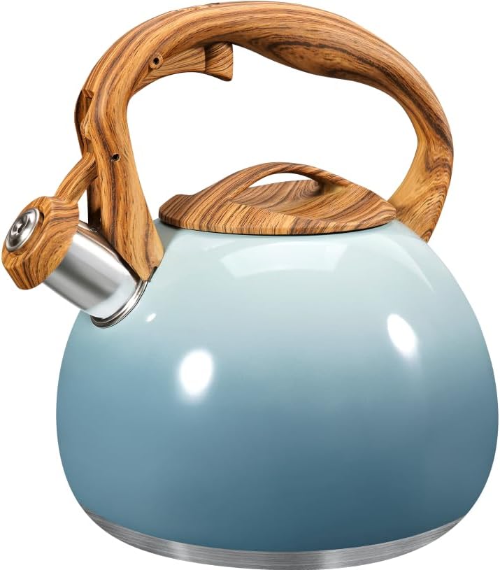 GGC Tea Kettle for Stove Top, 3.1QT/3L Whistling Tea Kettles for Boiling Water Coffee or Milk, Gradient Gray Tea Pot with Wood Parttern Handle, Stainless Steel Tea Pot for Home and Kitchen - Image 1