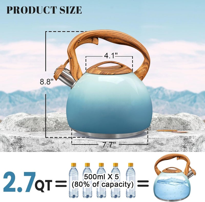 GGC Tea Kettle for Stove Top, 3.1QT/3L Whistling Tea Kettles for Boiling Water Coffee or Milk, Gradient Gray Tea Pot with Wood Parttern Handle, Stainless Steel Tea Pot for Home and Kitchen - Image 2