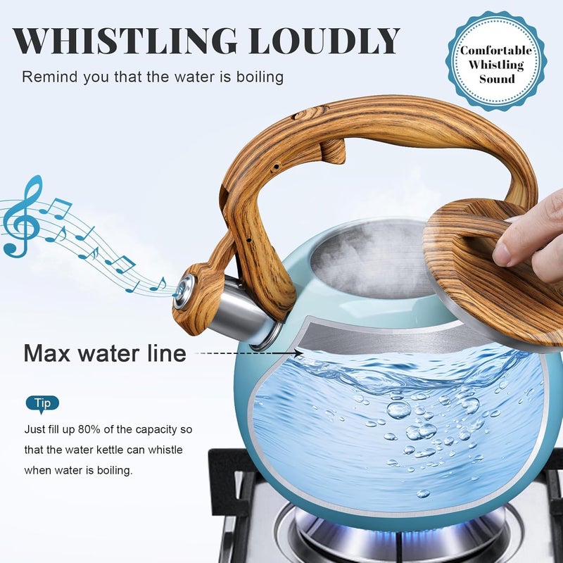 GGC Tea Kettle for Stove Top, 3.1QT/3L Whistling Tea Kettles for Boiling Water Coffee or Milk, Gradient Gray Tea Pot with Wood Parttern Handle, Stainless Steel Tea Pot for Home and Kitchen - Image 3