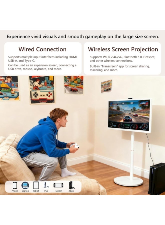 Veeuxe 32 Inch Portable Smart TV Monitor with Stand Touch Screen Android 15, Full HD Display, USB Camera, 8+128GB, 9600mAh Battery, Remote Mouse Voice Control Floor Standing Rolling Screen on Wheels - Image 3