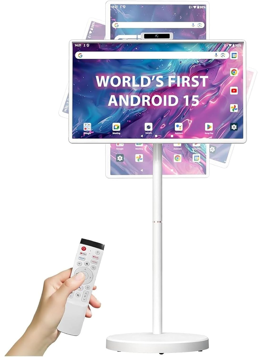 32 Inch Portable Smart TV Monitor with Stand Touch Screen Android 15, Full HD Display, USB Camera, 8+128GB, 9600mAh Battery, Remote Mouse Voice Control Floor Standing Rolling Screen on Wheels