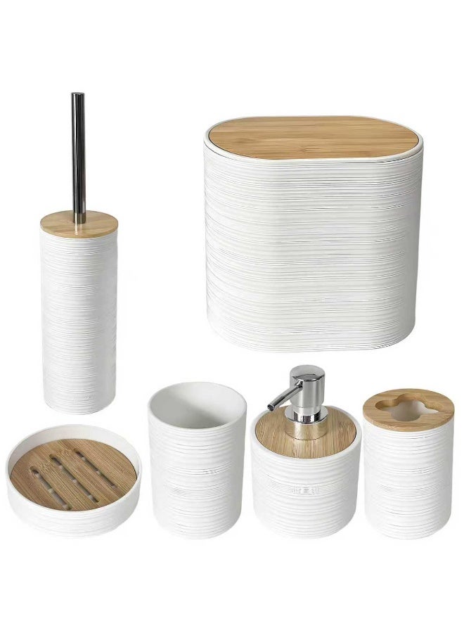 الأساسيات الحضرية مجموعة إكسسوارات حمام من 6 قطع - منظم حمام فاخر من الخيزران مع سلة مهملات، موزع صابون، حامل فرشاة أسنان، طبق صابون، كوب، وفرشاة مرحاض - ديكور حمام عصري - Image 1