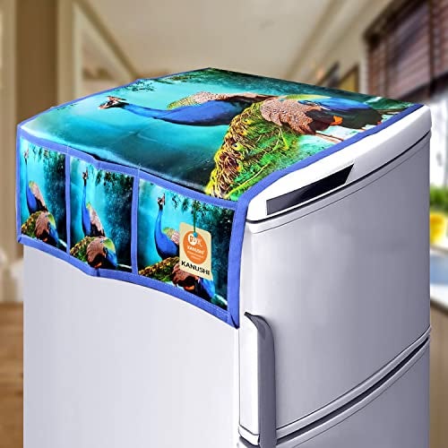 KANUSHI Industries® 1Pc Fridge Cover for Top with 6 Utility Pockets + 1 Handles Covers + 3 Fridge Mats (FRI-PEOCOCK-Blue+M-27+1-Handle-Blue-Box) - Image 2