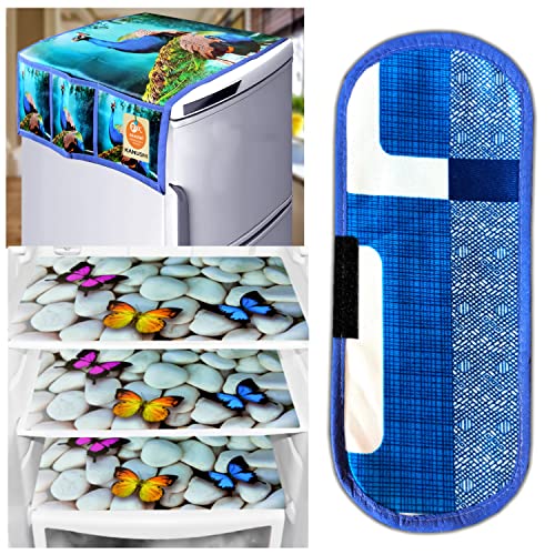 KANUSHI Industries® 1Pc Fridge Cover for Top with 6 Utility Pockets + 1 Handles Covers + 3 Fridge Mats (FRI-PEOCOCK-Blue+M-27+1-Handle-Blue-Box) - Image 1