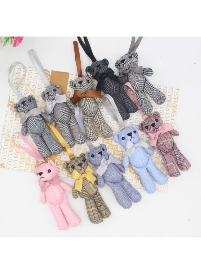 Loquat Korean-style Fabric Bow Tie Teddy Bear Doll Diy Creative Long-legged Bear Key Chain Bag Pendant Promotional Gifts-Color:Gray With Blue Houndstooth-Height:15cm - Image 3