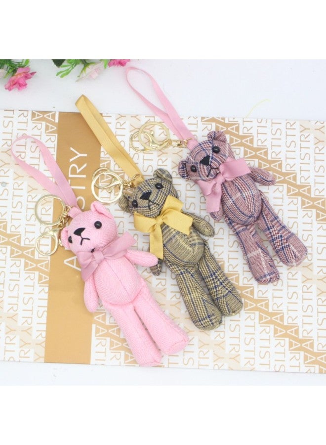 Loquat Korean-style Fabric Bow Tie Teddy Bear Doll Diy Creative Long-legged Bear Key Chain Bag Pendant Promotional Gifts-Color:Gray With Blue Houndstooth-Height:15cm - Image 5