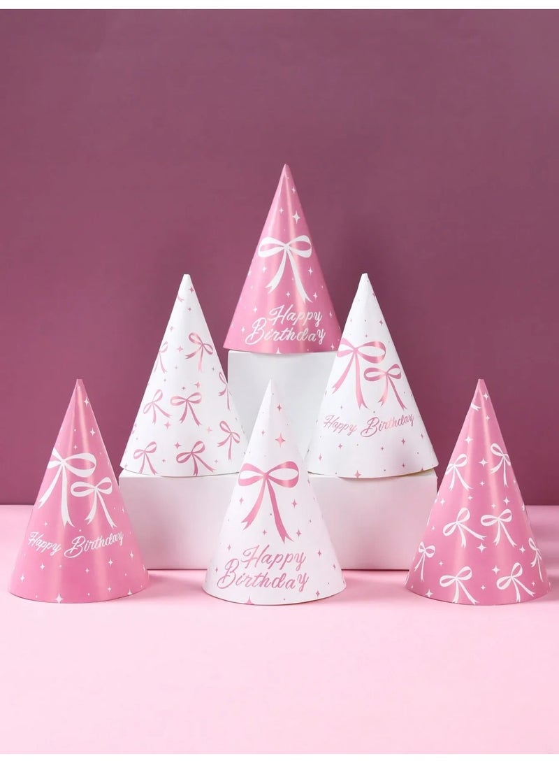 Birthday Party Decoration Paper Hats Set of 6 Lightweight Pink and White Bow Designs Comfortable for All-Day Wear - Image 1
