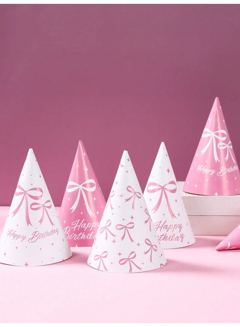 Birthday Party Decoration Paper Hats Set of 6 Lightweight Pink and White Bow Designs Comfortable for All-Day Wear - Image 2