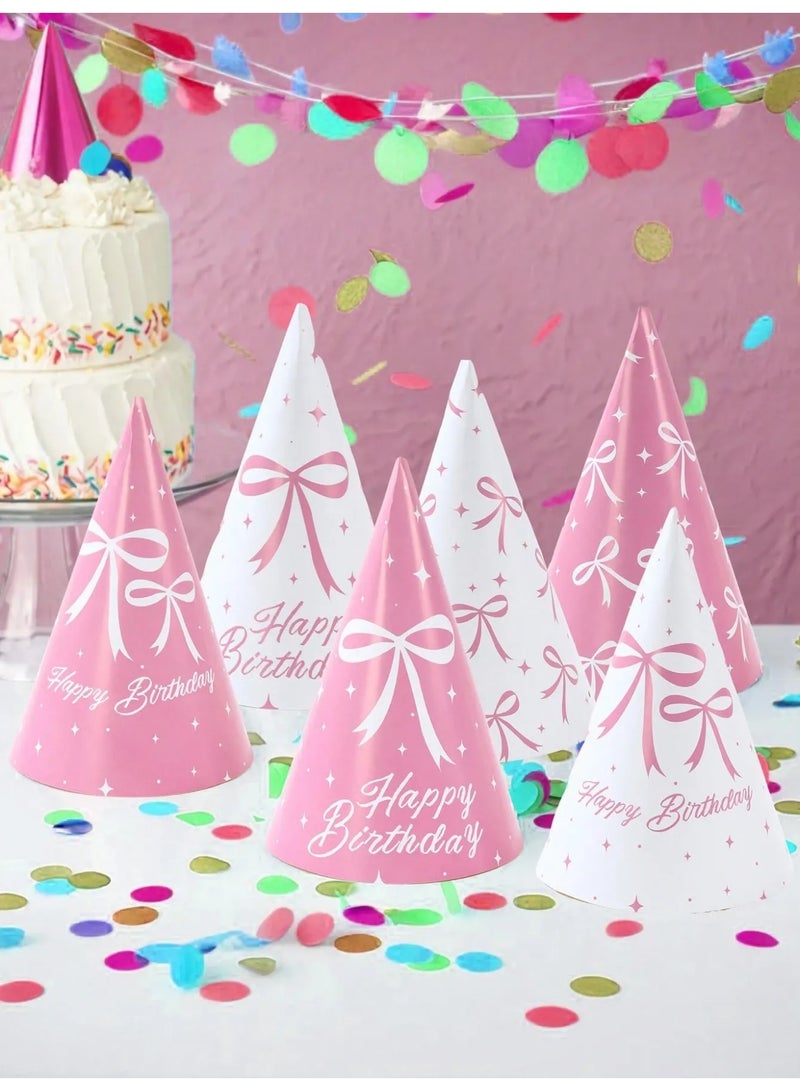 Birthday Party Decoration Paper Hats Set of 6 Lightweight Pink and White Bow Designs Comfortable for All-Day Wear - Image 3