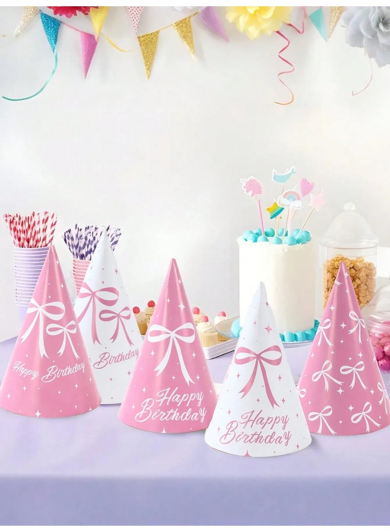 Birthday Party Decoration Paper Hats Set of 6 Lightweight Pink and White Bow Designs Comfortable for All-Day Wear - Image 5