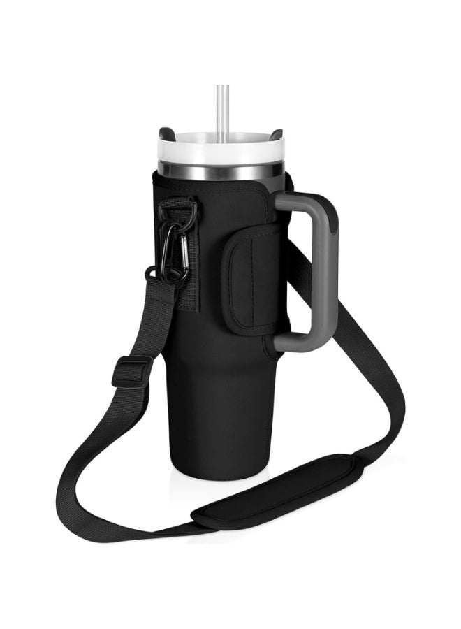 كيلا حقيبة حمل زجاجات المياه Joyzzz، حقيبة حمل أكواب على الكتف لكوب Stanley سعة 40 أونصة مع مقبض، حقيبة زجاجات مع حزام كتف قابل للتعديل، مناسبة للمشي لمسافات طويلة والسفر والتخييم (أسود) - Image 1