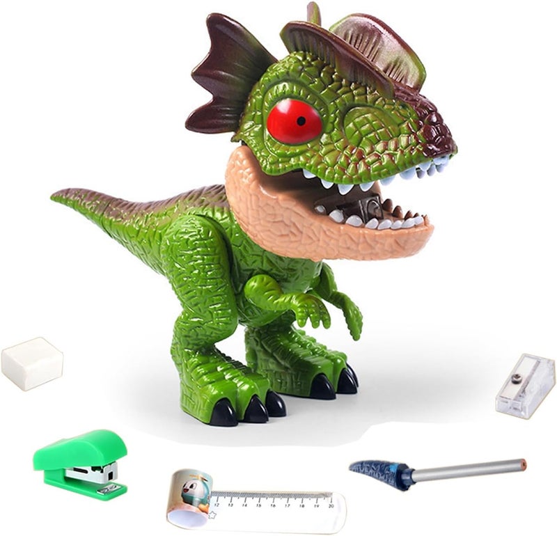 KolorFish 5 in 1 Stationery Set,Dinosaur-Themed Stationery Funny Toy for Kids,Student Storage Eraser Ruler Pencil Sharpener Staple for Boys and Girls (Green) - Image 1