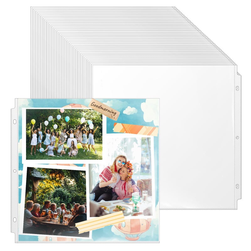 Vmiapxo 100 Pack 12" x 12" Scrapbook Page Protectors, Craft Paper Protective Sleeves Photo Vinyl Storage Pockets Organizer Scrapbook Binder Album Supplies for 3 Ring D-Ring Binder - Image 1