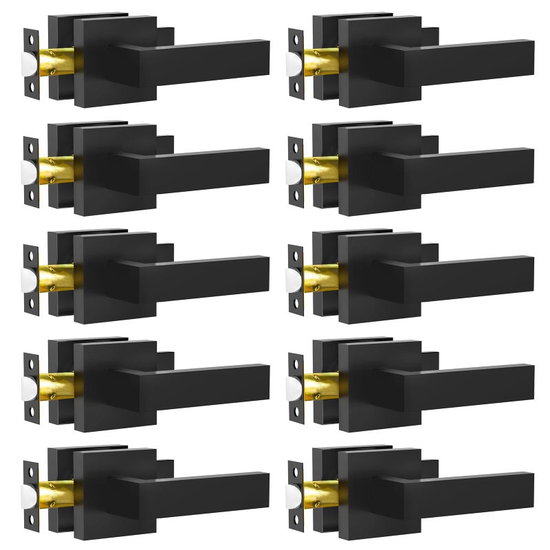 RAZCC Passage Door Lever, 10 Pack Matte Black Interior Door Handles for Hallway and Closet, Heavy Duty Square Interior Keyless Door Handles Non-Locking Door Knobs for Right & Left Side Door - Image 1