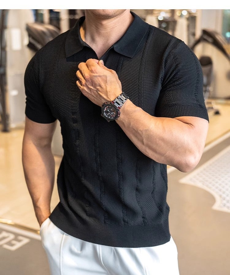 Men's Retro Knit Polo Shirt Short Sleeve Crew Neck Textured Jacquard Drop Shoulder Top - Image 4