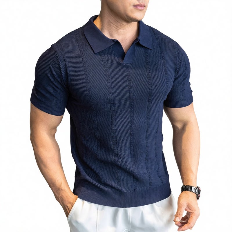 Men's Retro Knit Polo Shirt Short Sleeve Crew Neck Textured Jacquard Drop Shoulder Top - Image 1