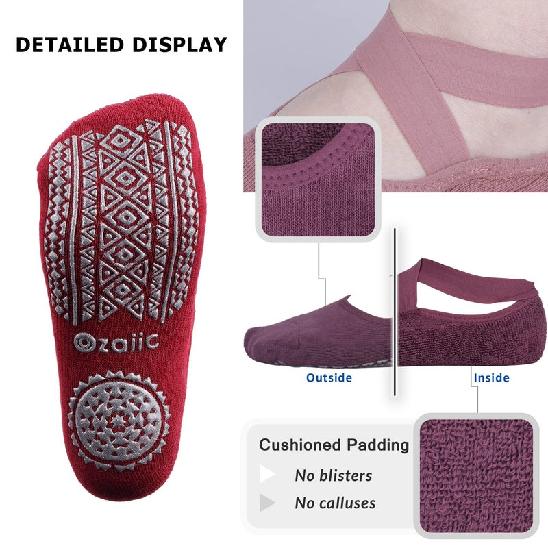 Ozaiic Pilates Socks for Women Non Slip Grip, Yoga Socks with Grippers for Barre, Hospital, Ballet, Dance, Barefoot Workout (3 Pairs-Purple/Rose Red/Bean Red) - Image 4