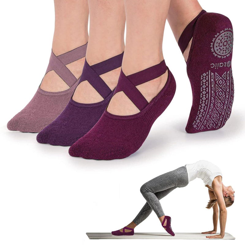 Ozaiic Pilates Socks for Women Non Slip Grip, Yoga Socks with Grippers for Barre, Hospital, Ballet, Dance, Barefoot Workout (3 Pairs-Purple/Rose Red/Bean Red) - Image 1
